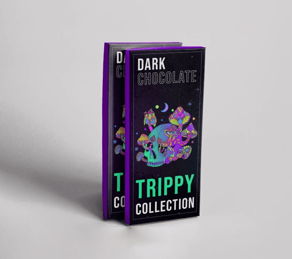 Side view of mushroom chocolate bar packaging