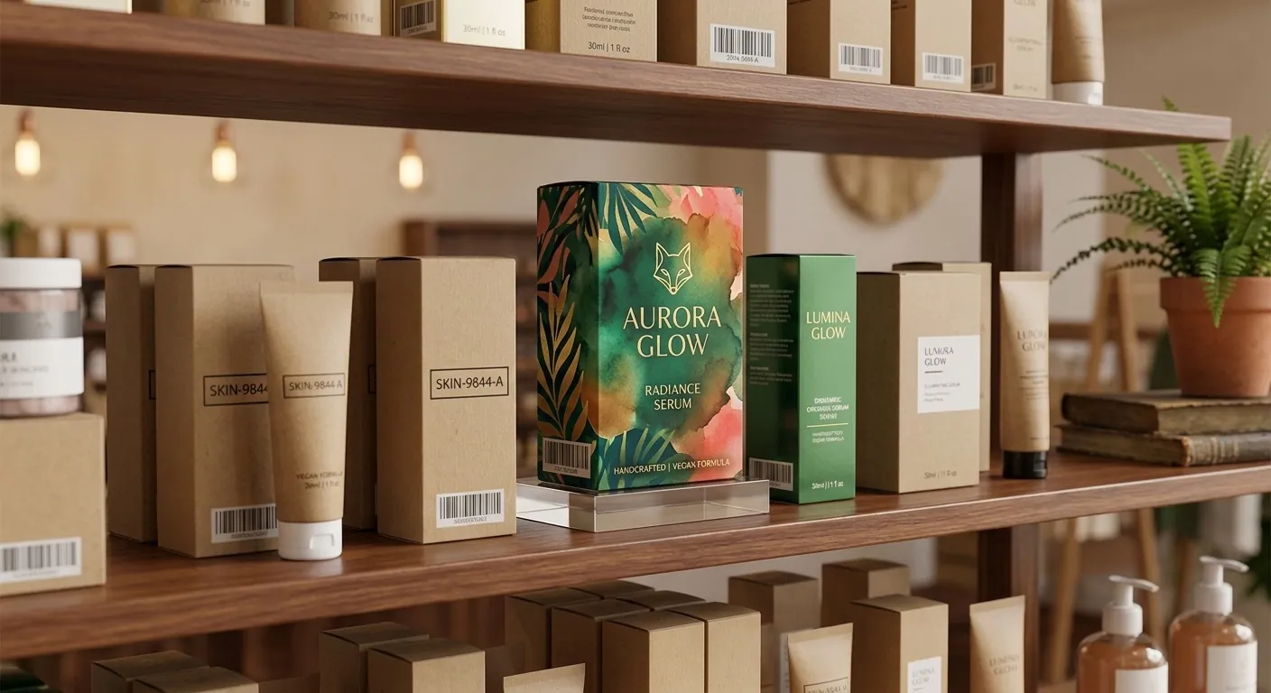 Kraft folding cartons and a printed Aurora Glow serum box on a retail shelf