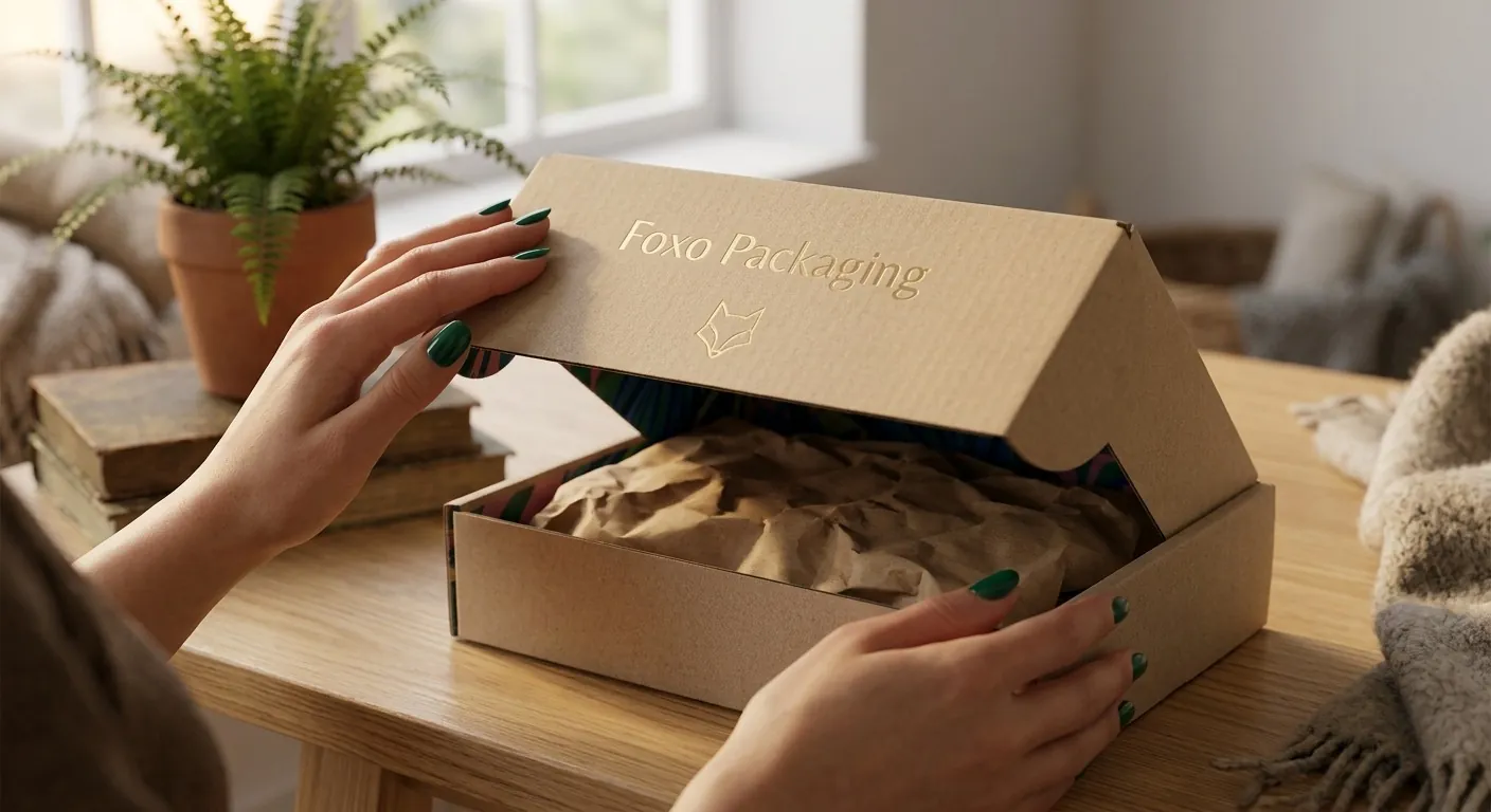 Hands opening a kraft mailer box printed with a gold foil Foxo Packaging logo