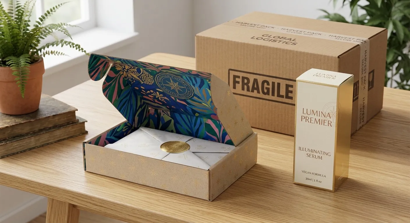 A custom printed mailer box beside a gold serum folding carton and a corrugated shipping box marked fragile